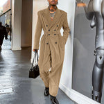 LinkMejor Men Jumpsuits Corduroy double-breasted Suit Collar Long-sleeved Casual One-piece Suit for Men with Side Pockets