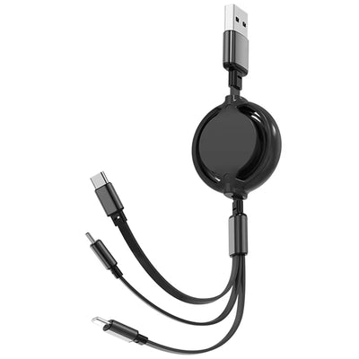 3A 3-in-1 USB-A to iP/Micro/Type-C Retractable USB Cable Fast Charging Copper Core Line 1M Long for iPhone 16 Pro 15 14 13 Pro Max for Samsung Galaxy Z Flip6 for Xiaomi MIX Fold4 for Huawei Mate XT