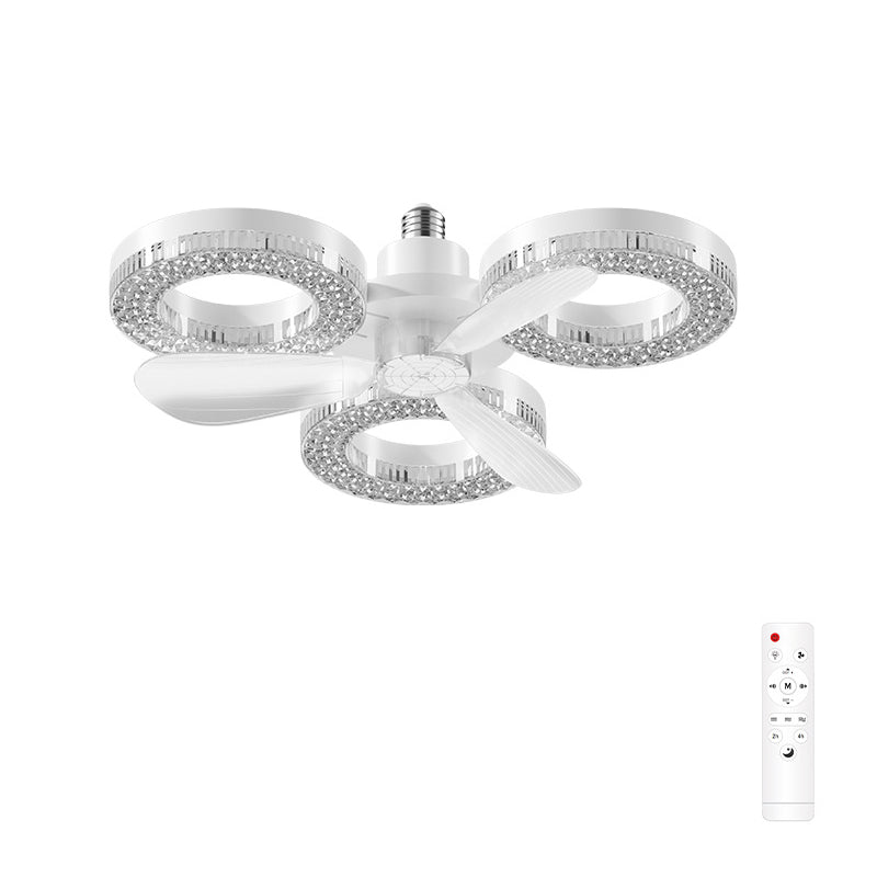Elfeland 3/4-Head E27 LED Crystal-Inspired Ceiling Fan Light 3 Color Temperature 2/4H Timer 3 Levels Speed Adjustable Fan Lamp Remote Control for Indoor Rooms