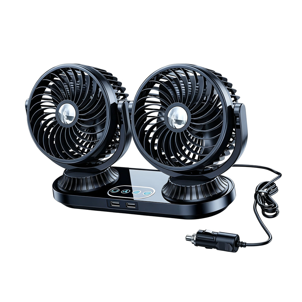 Fusika 12V 24V Dual Head Car Fan Dual USB Ports Brushless Motor 3 Speed Adjustment Auto Oscillation Universal Vehicle Cooling Fan