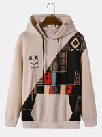 LinkMejor Mens Hooded Sweatshirts Smile Ethnic Geometric Print Patchwork Drawstring Hoodies