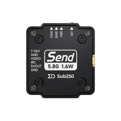 Sub250 Send T1600 5.8GHz 48CH FPV VTX, 25/200/600/1600mW + Pit Mode, IRC Tramp OSD, Built-in Mic, CNC Aluminum Shell, MMCX, 7-36V, 5V 600mA Camera Out, 20×20mm M2, 15.9g, for Long-Range Racing Freestyle Drone
