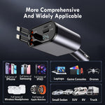 Retractable Car Charger 60W 4 in 1 Super Fast Charge Car Phone Charger Retractable Cables with 2 USB Ports Car Charger Adapter for iPhone 15/14/13/12 Pro Max