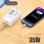 35W 6-Port USB PD Power Strip 3USB-A+3USB-C PD Fast Charging Rack Charger EU Plug US Plug for iPhone 15 14 13 Pro for Huawei Nova Flip for Xiaomi MIX Fold4 for Samsung Galaxy Z Flip6