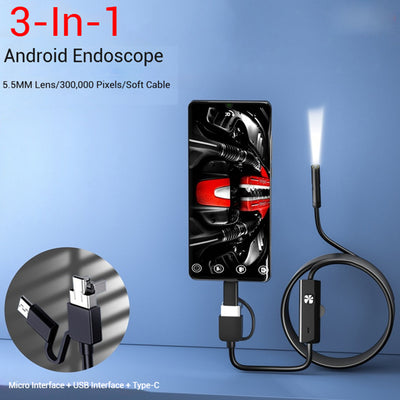 5.5MM Lens 3-In-1 Smartphone Endoscope Camera 480P Soft Wire IP67 Waterproof For Car Maintenance And Industrial Sewer Inspection