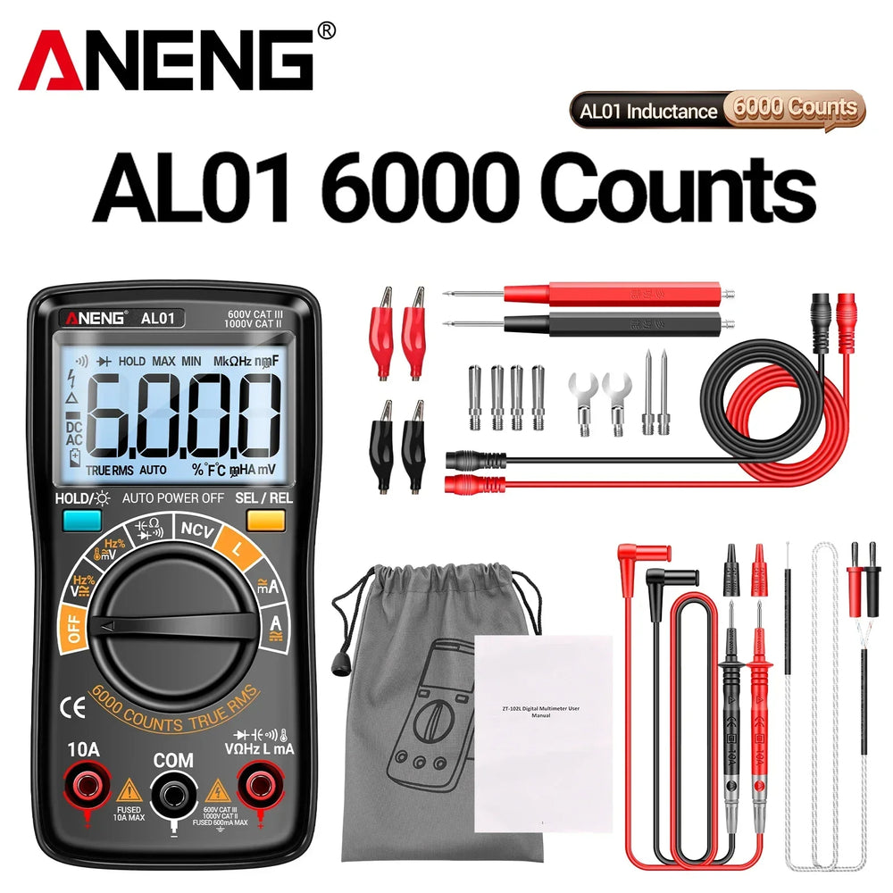 LinkMejor AL01 Portable Digital Multimeter High Precision Voltage Current Resistance Capacitance Frequency Temperature Tester Inductance NCV Detection True RMS Backlight Display Auto-Off