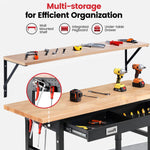 LinkMejor Workbench With Drawers 60 x 22 Inch Adjustable Height 28 to 40 Inch Rubberwood Top 2000 lbs Heavy Duty Garage Workbench With Power Outlets Pegboards Shelf Bracket