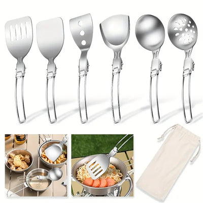 IPRee 6pcs Kitchen Accessories Multi-functional Folding Kitchenware Cookware Stainless Steel Portable Folding Soup Ladle, Perforated Spoon, Scraper, Spatula and Storage Bag