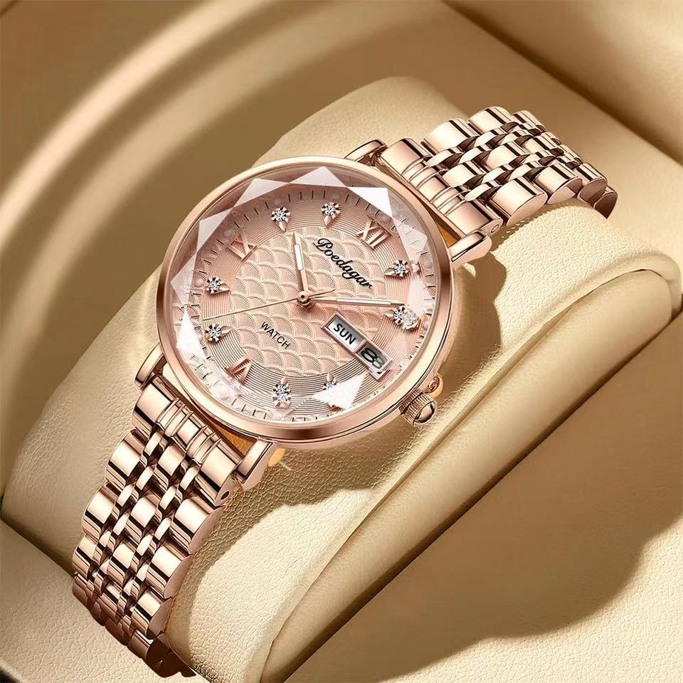 LinkMejor Women Luxury Rhinestone Quartz Watch Waterproof Luminous Wristwatch Calendar Analog Stainless Steel Wrist Watch Elegant Ladies Watches