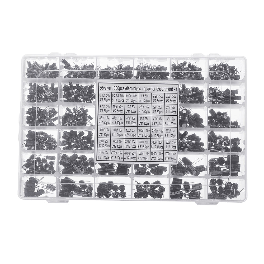Aemedy® 1000pcs 36 Values 0.1uF 50V-1000uF 16V Capacitors 4.7UF 10UF 22UF 33UF 47UF Electrolytic Capacitor Assortment Box Kit