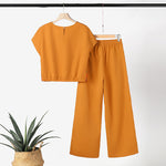 LinkMejor Women's 2pcs Suits Floral Short Sleeve O-Neck Top Elastic Waist Wide Leg Trousers Vintage Sets