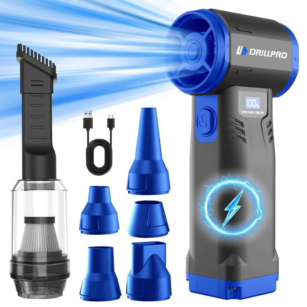 Drillpro G1 Cordless 550g Wind Pressure Turbo Fan 10,000mAh Peak Battery 9 Speed Settings 90,000RPM 40mm Brushless Motor Powerful Handheld Air Blower Multi Nozzle