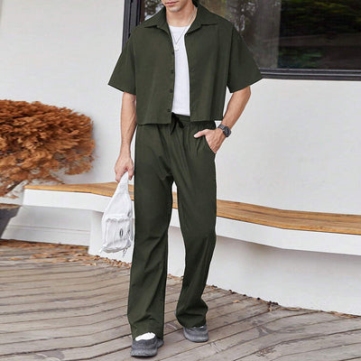 LinkMejor Men Two Pieces Set Fashion Solid Color Short Shirt + Pants Summer Casual Daily Mens Clothing Set