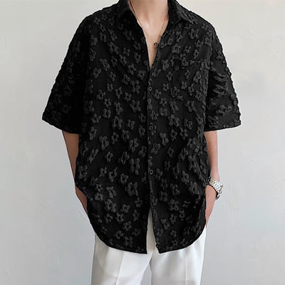 INCERUN Mens Shirt Fashion Embossed Floral Print Tops Black Short Sleeve Shirt