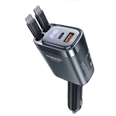 LinkMejor C42 105W 4-In-1 Digital Display Car Charger Adapter Come with 2 Type-C Integrated Cable+1USB-A+1USB-C PD Fast Charging with Blue LED Display for iPhone 16 16 Pro 15 Pro Max for HUAWEI for SAMSUNG