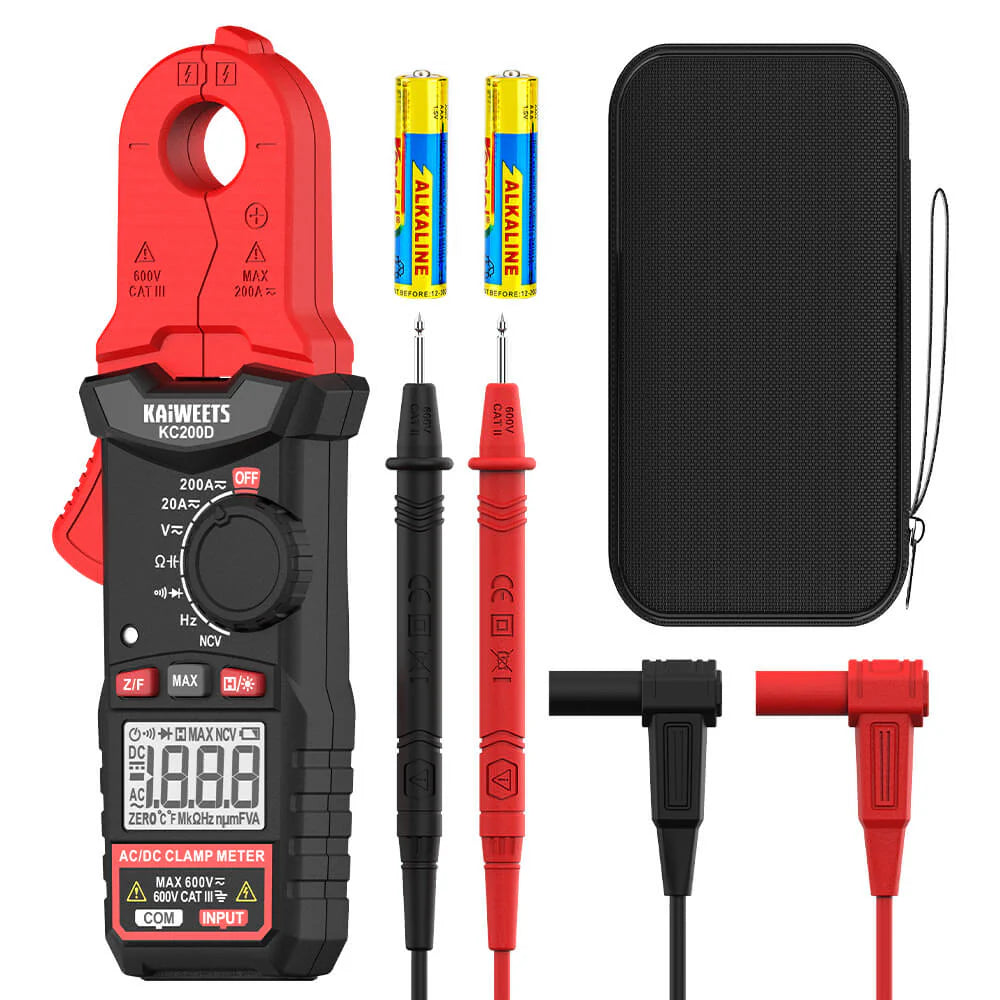 EU US Direct KAIWEETS KC200D Digital Clamp Meter Round Jaw 200A AC/DC 600V 2000 Counts CAT III 600V Magnetic Shielding Max Peak Lock DC Zeroing Data Hold NCV Backlight Alert