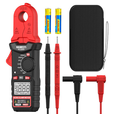 EU US Direct KAIWEETS KC200D Digital Clamp Meter Round Jaw 200A AC/DC 600V 2000 Counts CAT III 600V Magnetic Shielding Max Peak Lock DC Zeroing Data Hold NCV Backlight Alert