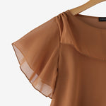 LinkMejor Women's Blouse Elegant Ruffle Sleeve Solid Crew Neck Plain Summer Shirt Pullover Top