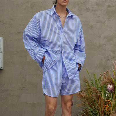 LinkMejor Mens Fashion Striped Loose Two Pieces Outfit Comfortable Long Sleeve Shirt & Short Two-piece Suits