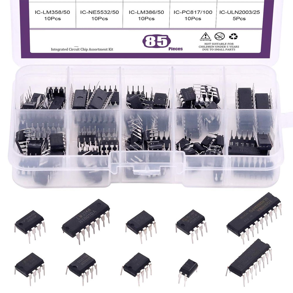 85Pcs Integrated Circuit Assortment Kit LM324 LM358 LM386 NE555 UA741 PC817 ULN2003 with Anti-Static Box for PCB Electronics Projects