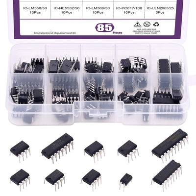 85Pcs Integrated Circuit Assortment Kit LM324 LM358 LM386 NE555 UA741 PC817 ULN2003 with Anti-Static Box for PCB Electronics Projects