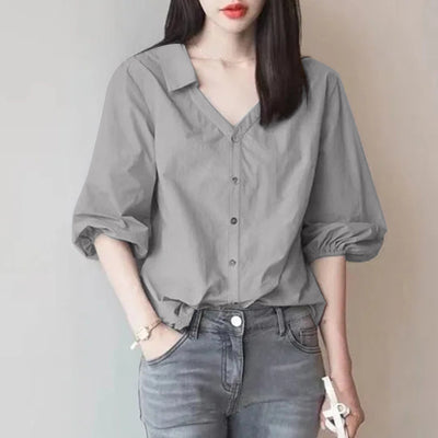 LinkMejor Women's Blouse Commute New Fashion Lantern Sleeve V-Neck Lapel Solid Office Top Shirt