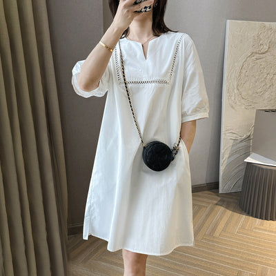 LinkMejor Elegant Style Women's Dresses Bubble Short Sleeve O-Neck Causal Bohemian Midi Dress