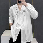 LinkMejor Mens Tie Design Long Sleeve Shirt Casual Solid Color Fashion Design Men Top Loose Fit