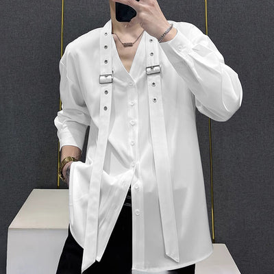 LinkMejor Mens Tie Design Long Sleeve Shirt Casual Solid Color Fashion Design Men Top Loose Fit