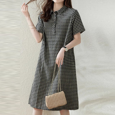 LinkMejor Elegant Style Women's Dresses Daily Short Sleeve Lapel Plaid Loose Midi Shirt Dress