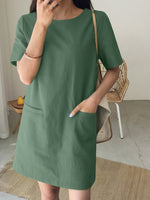 Solid Pocket Short Sleeve Casual Midi Dress