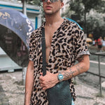 LinkMejor Summer Leopard Print Shirts Fashion Men Short Sleeve Lapel Shirt Casual Floral Blouse Men Hawaiian Beach Tops