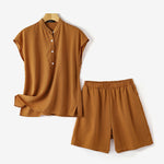LinkMejor Womens Casual 2pcs Sets Short Sleeve Top Blouse Elastic Waist Pants Loose Suits