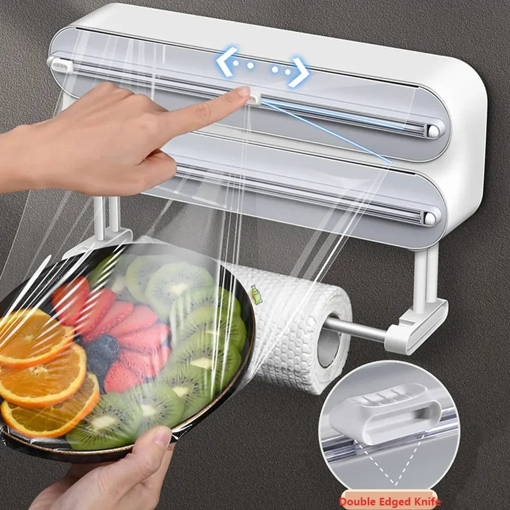 Creative Magnetic Wall-mounted Multifunctional Double-layer Plastic Wrap Cutter Baking Cutter Adjustable Kitchen Supplies Storage