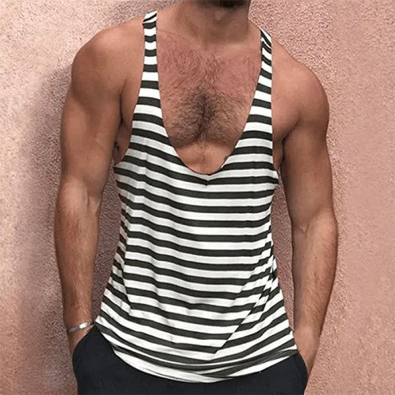 LinkMejor Mens Striped U-Neck Sleeveless Casual Vest Simple Gym Sports Tank Top