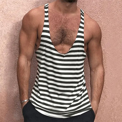 LinkMejor Mens Striped U-Neck Sleeveless Casual Vest Simple Gym Sports Tank Top