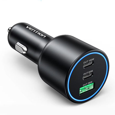 Vention FFP 165W 3-Port USB PD Car Charger Adapter USB-A+2USB-C PD3.0 QC3.0 AFC FCP SCP PPS Apple2.4A Fast Charging with Blue LED for iPhone 17 17 Pro 16 Pro Max 15 14 13 for Xiaomi 17pro for Huawei Mate XTs for OPPO for VIVO