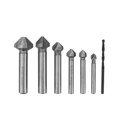 7-Piece Countersunk Drill Set, Chamfering Knife Din335 Standard C-Type Straight Shank Three Teeth, 6 Diameters 6.3 / 8.3 / 10.4 / 12.4 / 16.5 / 20.5mm Countersunk Drill + 1 3mm Black Twist Drill