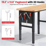LinkMejor 96Inch Adjustable Work Bench 5000 LBS Capacity Heavy Duty Workbench with Power Outlet & Pegboard Rubber Wood Work Table for Garage Workshop Office Home