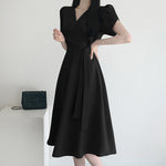 LinkMejor Womens Puff Sleeve V Neck Belted A Line Midi Dress Party Gown Long Dresses