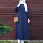 LinkMejor Women Vintage Round Neck Denim Dresses Casual Lantern Sleeve Solid Maxi Dress