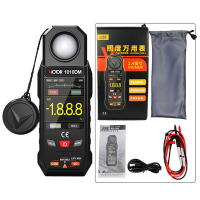LinkMejor 1010DM Two-In-One Illuminance Multimeter Light Meter, 0-199999 Lux 0-19999 FC 2.4-Inch Color LCD AC/DC Voltage Resistance Auto Range USB Rechargeable 1000mAh CAT II 600V