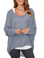 LinkMejor Plus Size Womens T-shirt Long Bat Sleeve Round Neck Loose Solid Color Pullover Plus Size Casual Shirt T-shirt