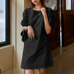 LinkMejor Womens Casual Round Neck Shirt Dress Puff Sleeve Short Dress A Line Solid Tunic Mini Dresses Plus Size