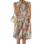 LinkMejor Women's Bohemian Printed Round Neck Pleated Sundress Loose Sleeveless Midi Dress