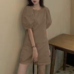 LinkMejor Womens Casual Round Neck Shirt Dress Puff Sleeve Short Dress A Line Solid Tunic Mini Dresses Plus Size