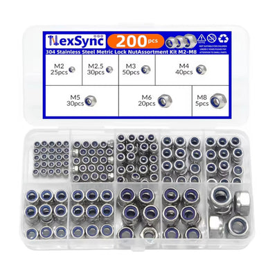 200pcs DIN985 Hex Nylon Insert Self Lock Nut Nylock Locknut Assortment Kit Set M2 M2.5 M3 M4 M5 M6 M8 304 A2-70 Stainless Steel