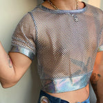 LinkMejor Mens Tshirt Fashion Shiny Mesh Patchwork See Through Fishnet Short Sleeve T-Shirt Summer Cool Short Top