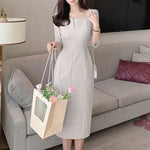 LinkMejor Womens Party Daily 7/8 Sleeve Small V-neck Design Slim Segmented Dress Solid Color Elegant Midi Dress
