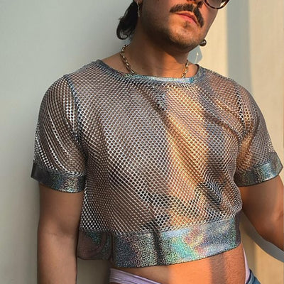 LinkMejor Mens Tshirt Fashion Shiny Mesh Patchwork See Through Fishnet Short Sleeve T-Shirt Summer Cool Short Top